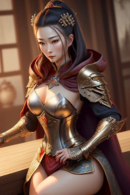 Best quality,Masterpiece,(Photorealistic:1.4), 1girll, full bodyesbian,closeup cleavage, Dramatic lighting,High-necked phoenix armor