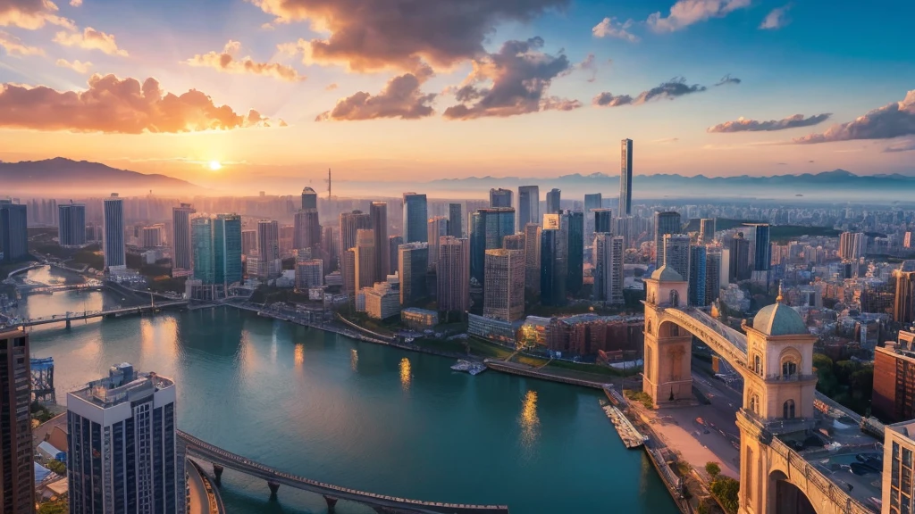 top quality、masterpiece、 Landscape、Beautiful sunrise scenery、Mysterious Atmosphere、cityscape