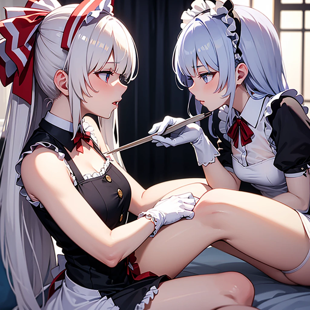 multiple girls, small breasts with sperm on it, naked breasts, transparent panties, kneeling, elegant bedroom, tied up, hands tied up over head with rope, legs tied together, gagged with white gag over mouth, hips groped by viewer, pov, nsfw, high definition, cinematic lighting