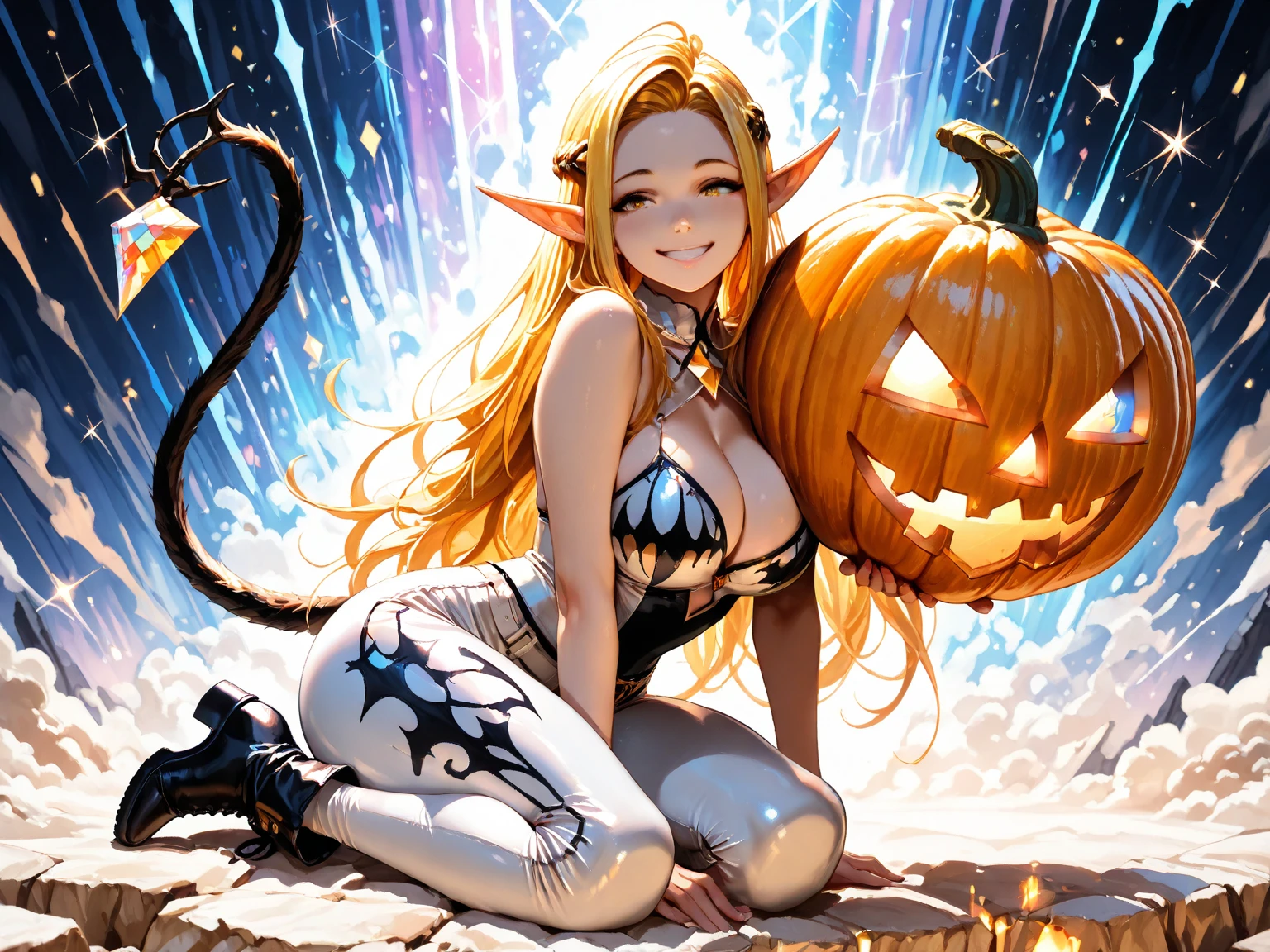 Gruesome and spooky details、An atmosphere full of suspense and tension、Psychological horror、Cute Smile、Clowns and circus atmosphere、A terrifying moment、Psychedelic dream scenario、Alice in Wonderland、Enthusiastic atmosphere、Mischievous Smile、Expressive gestures、Comical movement、Blonde、Light purple outfit,sexy,Small bra and panties
