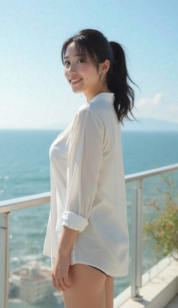 RAW photo, delicate, best quality, 1girl, solo, 8k uhd, film grain, (photorealistic:1.3), (detailed skin:1.2), 1 girl, cute, solo, (beach), (sea), (blue sky), (nose blush), (smile:1.15), (closed mouth),  cleavage, (denim), (jeans), beautiful detailed eyes, daylight, floating hair NovaFrogStyle, full body, see-through, wet clothes, (white T-shirt), happy, hot <lora:DingZhenlora_v1:1>