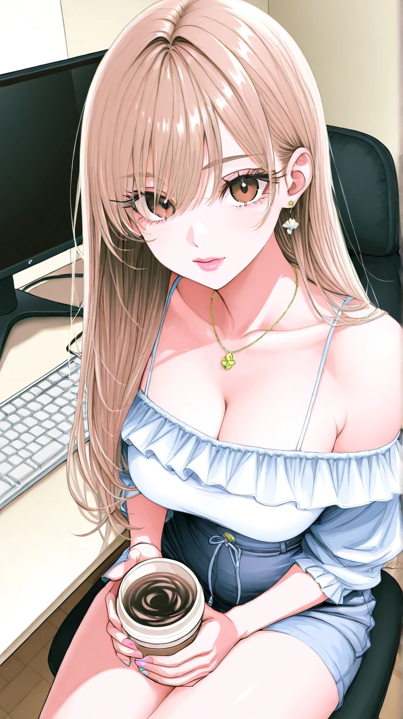 slender, mature female,blurry_foreground, blurry, depth_of_field, rating:safe, breasts, jewelry, cleavage, 1girl, blurry_background, long_hair, brown_hair, bangs, pov, looking_at_viewer, necklace, brown_eyes, blush, bare_shoulders, lips, large_breasts, swept_bangs, earrings, sleeveless, bracelet, smile, sidelocks, eyebrows_visible_through_hair, dress, solo_focus, collarbone, indoors, underwear, closed_mouth, phone, cellphone, medium_breasts, motion_blur