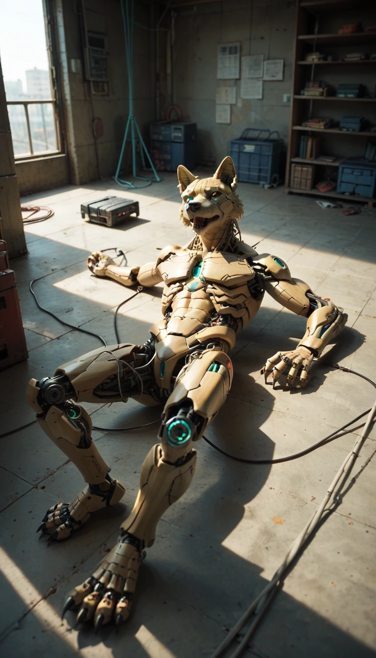 （Robot Wolf), Solitary,, Detailed fur texture, (Cyberpunk), (Wearing Hanfu), ,Feet are clawed and wearing Egyptian sandals,Metal body，Wires and cables that connect the header and body，Mechanical limbs，Trunk wires and cables，Mechanical plug,Wire inserted into the belly, dawn, shadow, Bright environment, (Chest gemstones), , (Kantanagarmouli)), (Bottom view), Looks excited, [Simple background], Detailed student, Masterpiece Artwork, Caustic lines, Rim Light, Single light source, 清晰的shadow, Finger claws, (Digital Grade, Claws), (Hanfu),Lying in the warehouse，Soles facing the screen