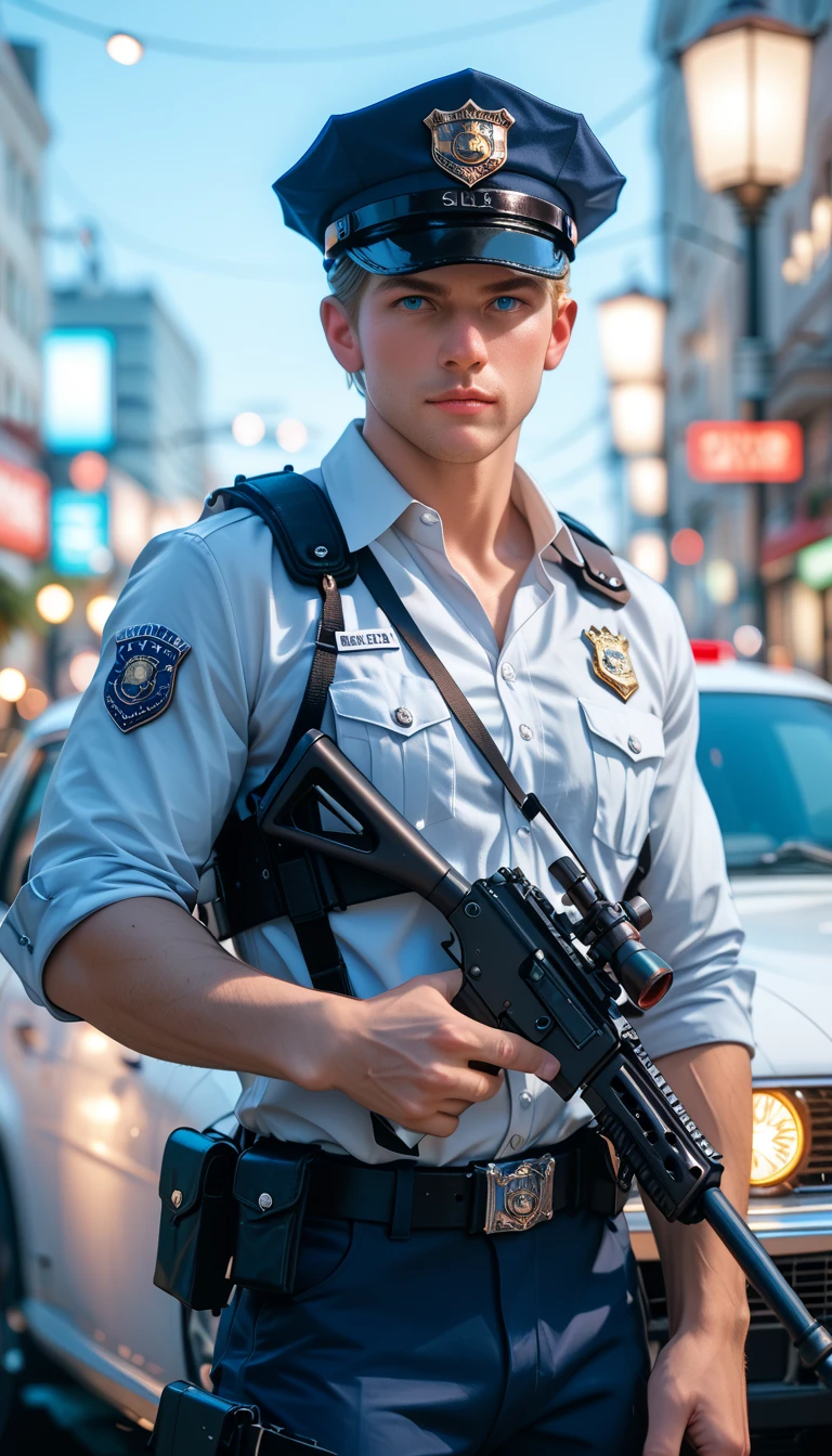 in high-definition images,Strange resolution 、high resolution、 (masterpiece: 1.uper Detail、Ryan O'Neill dressed as a police officer and a few of his subordinates、They're having a shootout with the mafia、they're shooting from the shadow of a pickup truck that lights up in the patrol lights。sticking out in front of the body and shooting a machine gun。