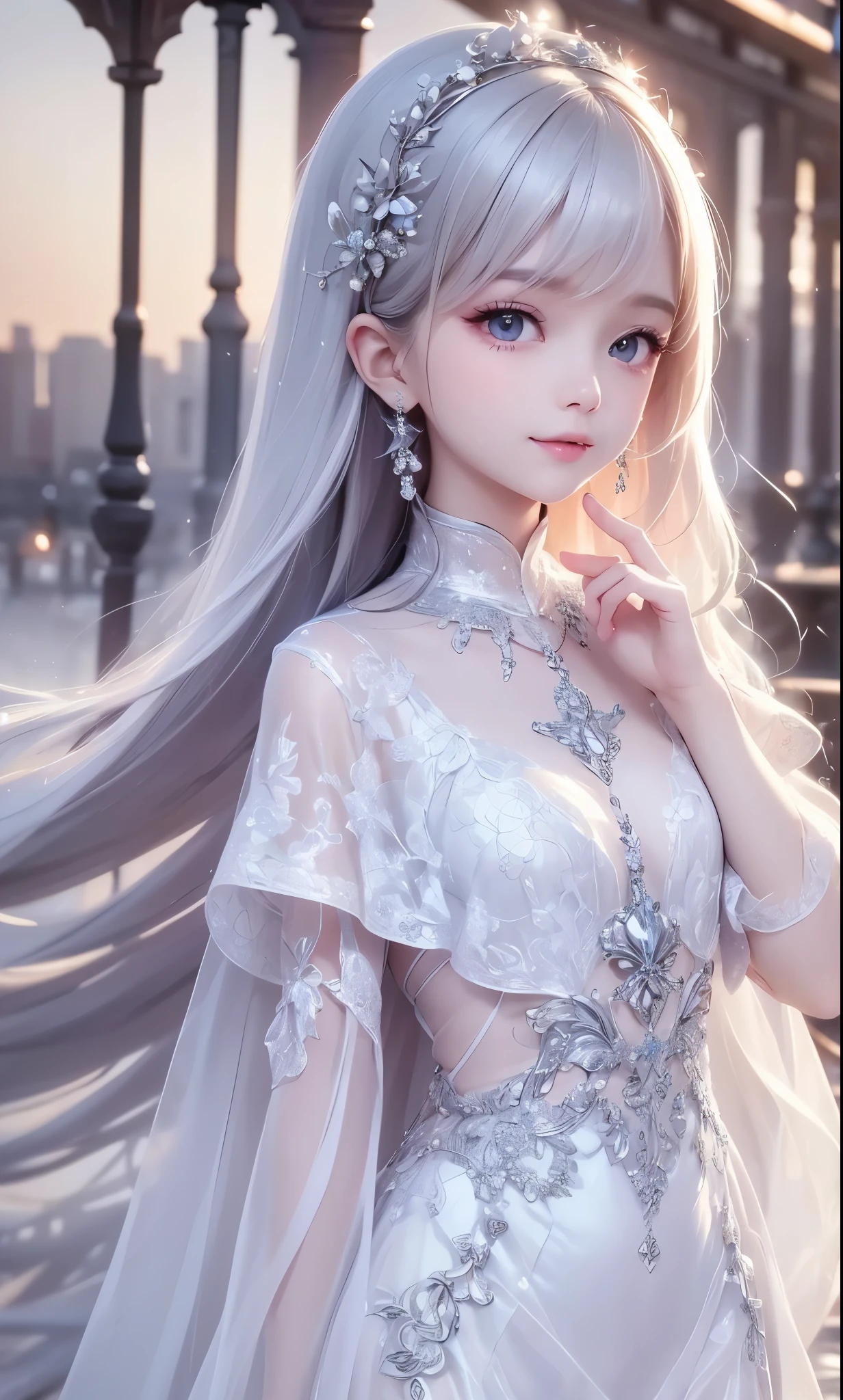 (masterpiece),(4K),High Quality,(small breasts),one girl、Sexy Saint , Long Silver Hair ,pale skin,smile, beautifully detailed grey eyes, ( high-definition and elegant ),( white cape let fashion), Magical Color and Atmosphere, detailed skin from sleeve to chest,(Cute sparkle), light particles,The background is a natural rosy shade,Add a dramatic and iconic element to your scene, description boundary depth, Bokeh, feels silky, see-through silk, soft, lightweight garment、beautiful and neat face、see-through 、 hyper details,creates a dreamy and elegant atmosphere,ruins