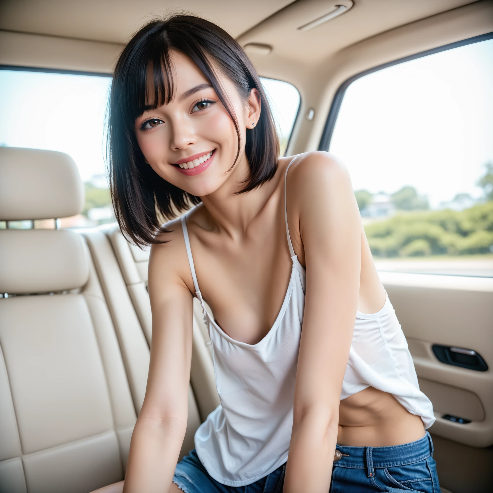  (Highest quality, 8K, 4K, High resolution, masterpiece:1.2), Very detailed, Anime Style:0.9, Realistic, Bright colors, Written boundary depth, Blurred Background,  alone, 1 female, (Long Black Hair, Cut straight、Straight bangs, Dark brown eyes), Beautiful facial details, Beautiful Eyes, Long eyelashes, Soft lips, (Small face), (smile:1.3), Rear View,  ((Tank top:1.2,  )),mini skirt, No bra, train, (Sit with your legs apart), Lace Underwear, Big cleavage, Expressions of ecstasy, Sweat, Blushing, My body is soaked, Wet Panties, 