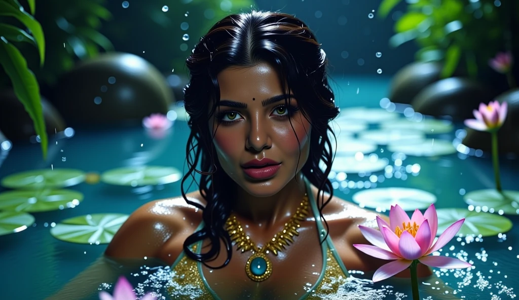 Under water photoshoot, show entire body portrait of(photorealism:1.6) (photorealistic:1.6) (ultra realistic :1.6) (masterpiece:1.6) (high quality:1.6) 20 year old extremely beautiful gorgeous brown Tamil girl wearing bikini, sassy poses