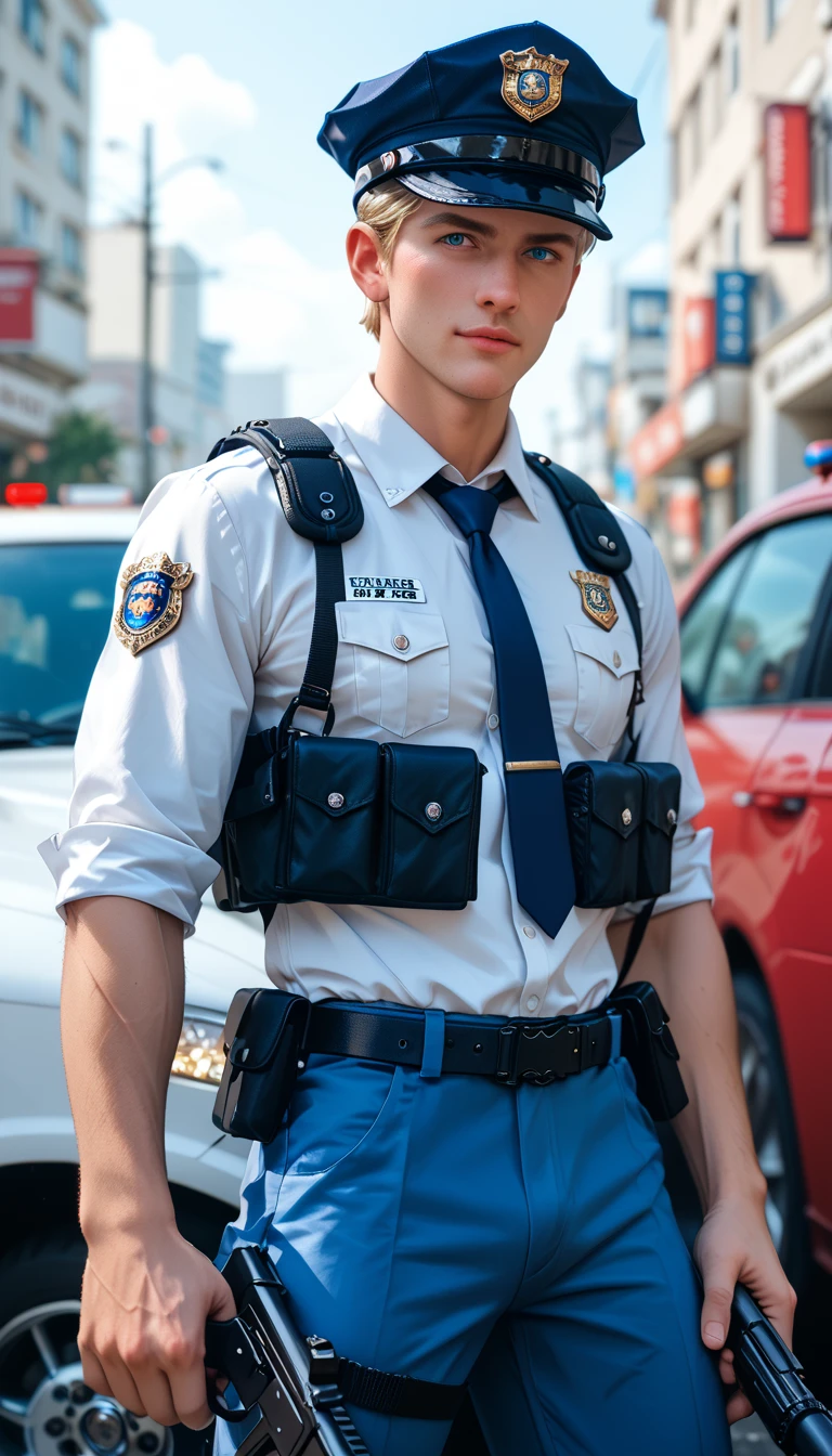 in high-definition images,Strange resolution 、high resolution、 (masterpiece: 1.uper Detail、Ryan O'Neill dressed as a police officer and a few of his subordinates、They're having a shootout with the mafia、they're shooting from the shadow of a pickup truck that lights up in the patrol lights。sticking out in front of the body and shooting a machine gun。