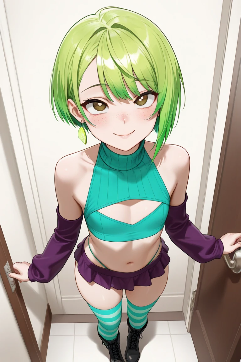 smile, (absurdres), (masterpiece), (highest quality), (best quality), (sharp focus), (soft lighting), realistic, (beautiful), Linda, Navel, Grey Hoodie, Green Hair