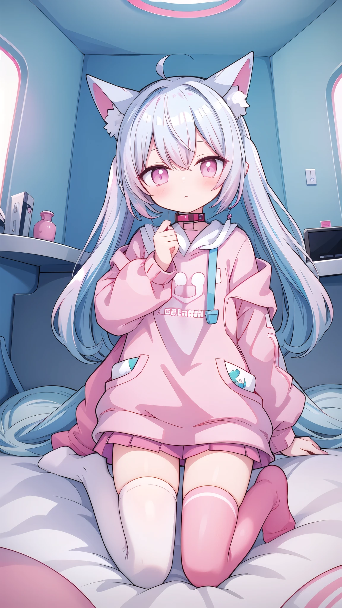 Idol, Yuri, beautiful girl,Light cherry blossom pink long hair, Bangs, Red and swollen nose , Awkward , Shy, Aqua eyes, Beautiful and delicate eyes, Crying with eyes open, Aqua eyes, Squint your eyes,Shark Dark Matcha Green Hoodie , Ruffle White,No shoes,top down_Bottom Up,