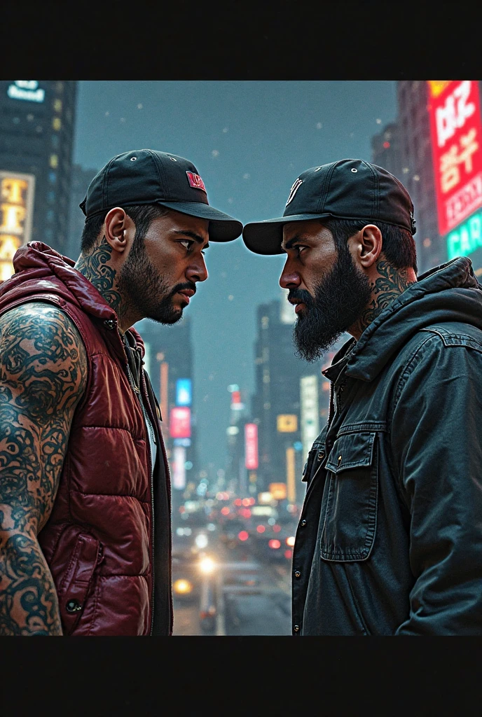 A mesmerizing, 4K ultra-high-resolution photograph of two corpulent,atletic  24 YEARS OLD  urban rock music artists, fusing rock and hip-hop styles. The image is captured through a professional fisheye lens, showcasing the artists' hyper-realistic, photorealistic appearance. The performers wear Clothes Dr. Stranger-inspired outfits, with a magical twist, as if they are Masters of Magic. Their intense expressions and poses dominate the scene, while the background highlights the urban rock atmosphere, with graffiti-covered walls and streetlights.