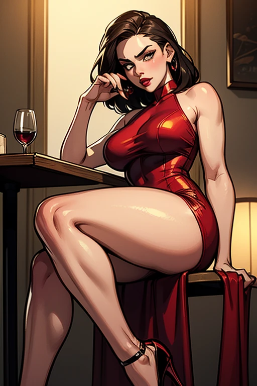 The best quality, 4k, 8k, a high definition, portrait (foreground), Megan Fox as Vampire, smiling, showing fangs, wavy hair, Wine red dress with open neckline and long sleeves, deep cleavage, character design, big breasts, busty, fake tits, fake tits, turgid breasts, beautiful ass, booty, thin waist, slender