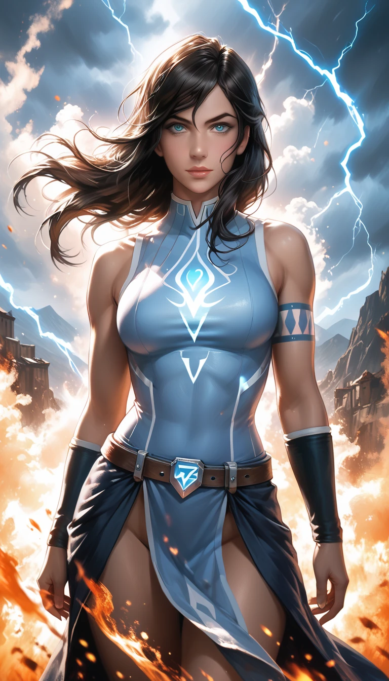 Karen Gillan like Korra, sightly muscled, messy hair, Full body, Beautiful anime waifu style girl,hyperdetailed painting, luminism, art by artgerm, concept art, dark background, abstract beauty, approaching perfection, pure form, golden ratio, minimalistic, dark atmosphere, unfinished, concept art, intricate details, 8k post production, high resolution, hyperdetailed, trending on artstation, sharp focus, studio photo, intricate details, highly detailed,
