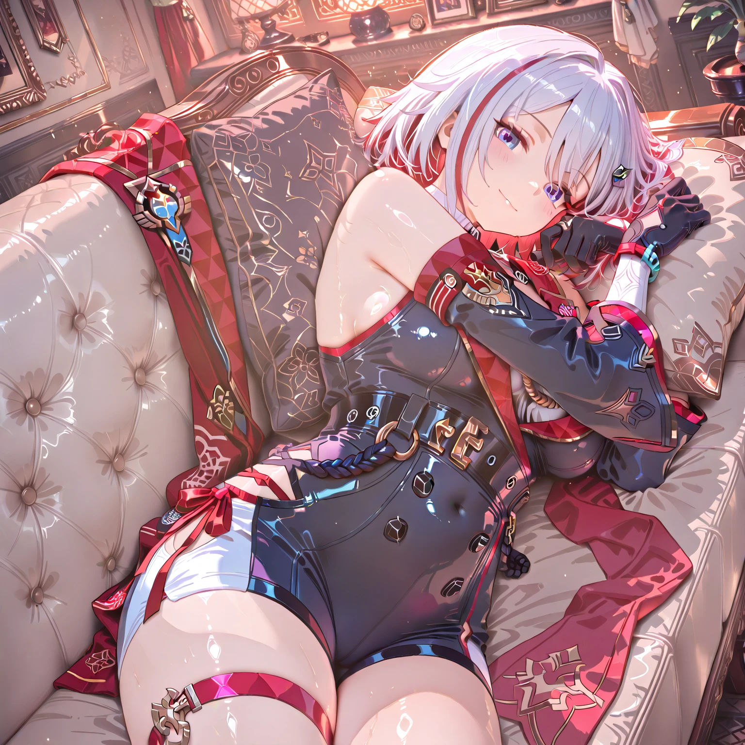 Masterpiece, best quality, Living room background, angry,1girl,multicolored hair, short hair,hair ornament,blue eyes,bare shoulders,cleavage cutout,dress, short sleeves, black gloves, belt,shorts,thigh strap,buttons, gold,coin,sexy face,,detailed face,detaile.hmn1 , break , Medium bust, contact surface,break มองไปที่ผู้ชม,break (Masute Piece:1.2), best quality, high resolution, วอลล์เปเปอร์ Unity 8k, (illustration:0.8), (beautiful detailed eyes:1.6), A face with special details, perfect light, CG is very detailed., (perfect hand, perfect anatomy),Lying with legs open,on the bed, (Nude:1.5),(pubic hair:1.3),Sweating,(Make eye contact:1.5),(((Quiron Style PussyBigDildo, Insert an objectในช่องคลอด,sex toys, vaginal,Large insertion, Insert an object, Insert an object)))