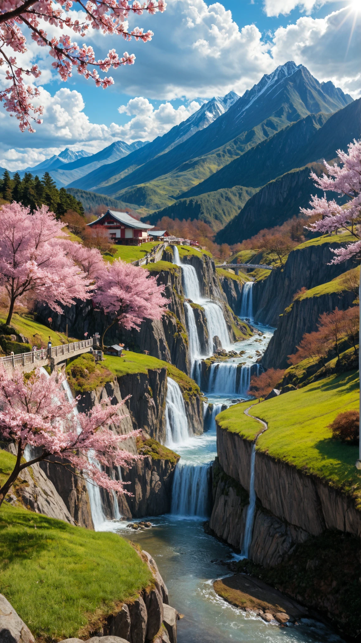 Landscape image with vivid beautiful flowers blooming all over, realistic, top quality, masterpiece, 8k, commercial, landscape, mystery, spring landscape, landscape style, Ghibli style, starting from spring mountains and cherry blossoms, to clear stream and waterfall, cherry trees, vivid fresh green, clear spring stream, bridge blending into nature, bridge over river and valley, Japan scenery, sunlight shining through the clouds, Kakunodate samurai residence