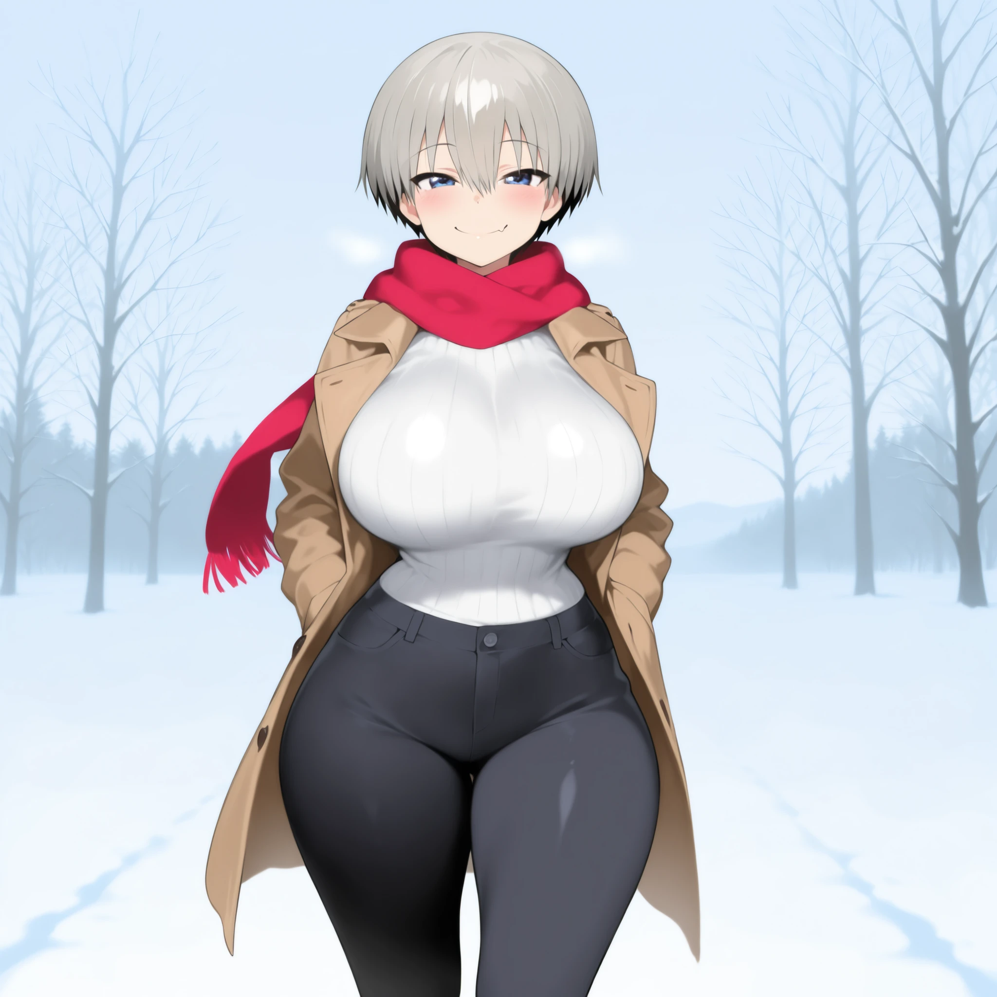 masterpiece, best quality, amazing quality, very aesthetic, absurdres, volumetric lighting, high res, shiny skin, 1girl, solo, uzaki hana, huge breasts, narrow waist, wide hips, thick thighs, white ribbed turtleneck sweater, red scarf, brown trench coat, black pants, blushed, smile, cute, standing, looking at viewer, snow background, from the front view