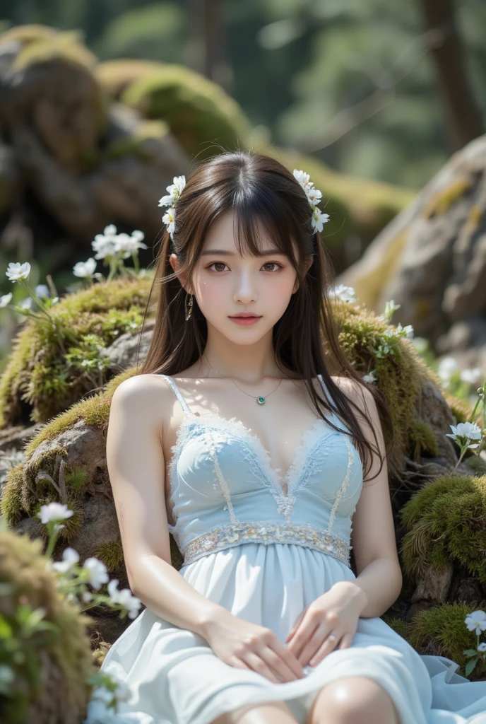 ,Masterpiece, Best quality,8K, 超高分辨率,Reallightandshadow,Cinema lenses,(beautidful eyes:1.1), ((中景 the scene is,The upper part of the body)),dynamicposes,On a green meadow,The gentle goddess came with gentle steps。She wore a white dress,A gentle breeze blows,The skirt dances lightly。The sun shone through the leaves in her hair,Reflecting her clear eyes and gentle smile。Colorful butterflies flutter around her,Flowers bloomed at her feet,It was as if nature was cheering for her,huge tit,cleavage,