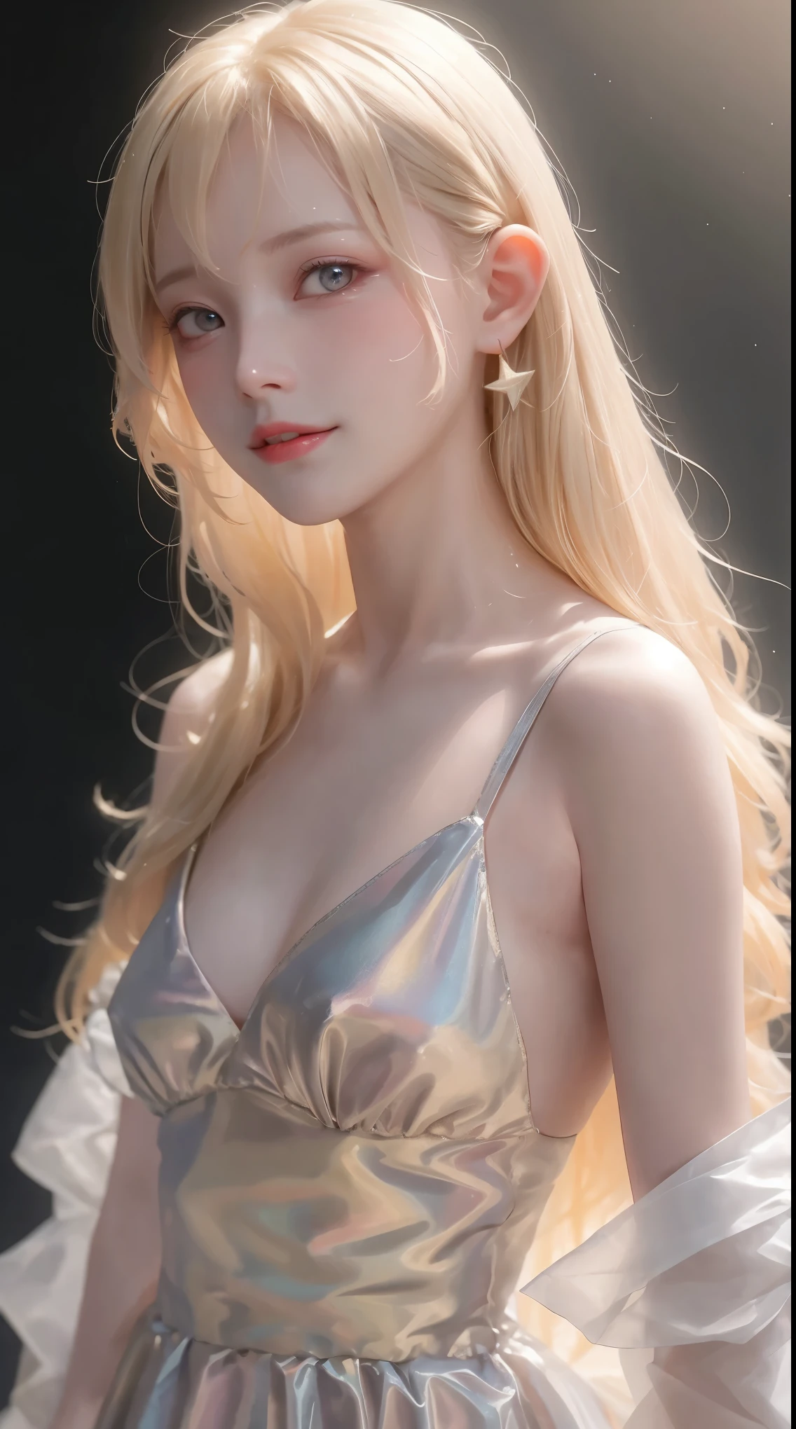 very cute, Blonde Hair, Big smile, One 20-year-old girl, 1. Goddess Athena, The beautiful, flawless face of the goddess Athena, delicate yellow nightgown, Lots of sexy black lace detailing、Long sheer sequined nightgown, A beautiful pale red silk half veil, Legends of female saints, Icons of female saints, Beautiful goddess-like glitter, Dark and mysterious version, Vermilion lips, Plump red lips, ((口をclose:0.9)), Complete teeth, Symmetrical incisors, Bright white teeth, ((Angry face:0.8)), delicate and beautiful pino detailing, delicate and beautiful lip detail, (Pure and perfect face: 1.9), Female Eucharist, Round Breasts, 大きくてRound Breasts, Phoenix Brooch, Long, flat bangs, Long black hair, Beautiful, clear face and well-proportioned eyes, (Pale pink eyes with transparent irises: 1.8), (Big round eyes and makeup, Sexy wet eye makeup, So beautiful、Careful hair and makeup, long and delicate blonde hair, delicate, Body image: 1.8), shape: Brilliant and, (The stars that make up the sky々: 1.7), (The Gate of Heaven and Imaginary Time and Space: 1.8), Imaginary art, RAW Photos, hanfu pictures, Best Photos, High resolution, 最high quality, Best Photos, Best Goddess Quality, 8k female, Super 8 Single Saint Portrait, The most true color scheme, masterpiece, Best Beauty Brands, Best Hair Jewelry, Brand real photo, Dark studio, Border Light, Two-tone lighting, (Rosy white skin: 1.4), (High skin detail: 1.1), 8k uhd, SLR, Soft Light, 8k, high quality, Frank, Smooth and sharp volume, 10x more pixels, Sexy Goddess, Sexy Goddess, (Background Space: 1.8), (The most beautiful aurora eye: 1.7), Beautiful Eyes, The aurora is beautiful and flower-like, (Beautiful single women: 1.8), (see here:0.8), close, Approaching the Goddess, Clear and unrealistic
