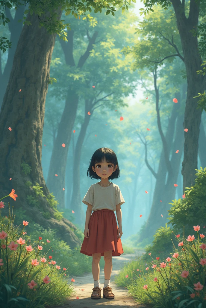 A girl in a forest wearing a beautiful red dress, enjoying the vivid greenery of her surroundings. The scene is filled with lush trees and plants, creating a serene and vibrant environment, highlighting the striking contrast between her dress and the natural landscape.