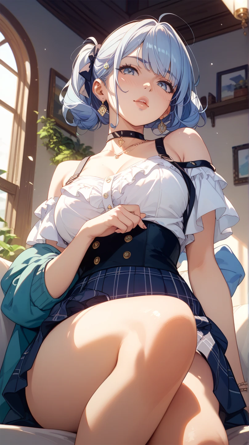 (8K、Highest image quality、highest quality、masterpiece)、detailed face、1 girl、dark silver hair、bob cut、pink inner hair、pink eyes、earrings、evil smile、Moderate chest、white shirt、long sleeves、((button removed))、cleavage、((white lace bra))、black pleated skirt、((white and black striped panties))、white socks、loafers、sitting knees up、On your back、Taken from above、bedroom background
