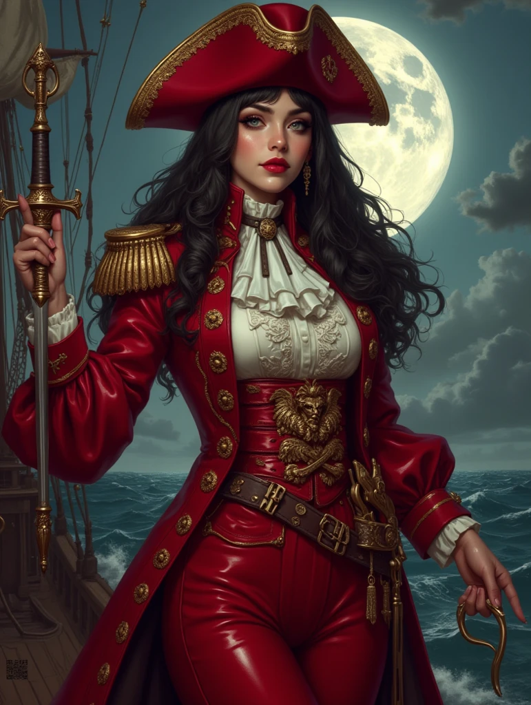 a portrait of a woman vampire pirate holding a (( bloody sword: 1.5)) on a pirate ship ready for battle, ((full body: 1.5)), ((anatomically correct: 1.5)), (ultra detailed face: 1.2), looking tense, looking dangerous, dynamic eye color, glowing eyes, dynamic hair color, dynamic hair style dynamic skin complexion, wearing 18th century white button shirt, with ((stains of blood: 1.3)), busty , wearing wearing high heeled boots, it is night time at sea, moon is high, some clouds,18th century pirate ship background, vibrant, Ultra-high resolution, High Contrast, (masterpiece:1.5), highest quality, Best aesthetics), best details, best quality, highres, 16k, (ultra detailed: 1.5), masterpiece, best quality, (extremely detailed) RAW, (ultra details, Masterpiece, best quality), Hyperrealism style, holding sword, Intense gaze, holding sword rapier, vampire teeth, BloodSoakedAI, holding sword, Dark Art Painting Style