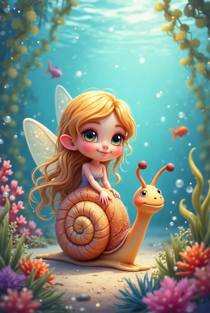 Beautiful tiny fairy sitting on a snail,in a magic background,flowers,vines,grass(high quality),(refined details),(art work),(pastel painting)