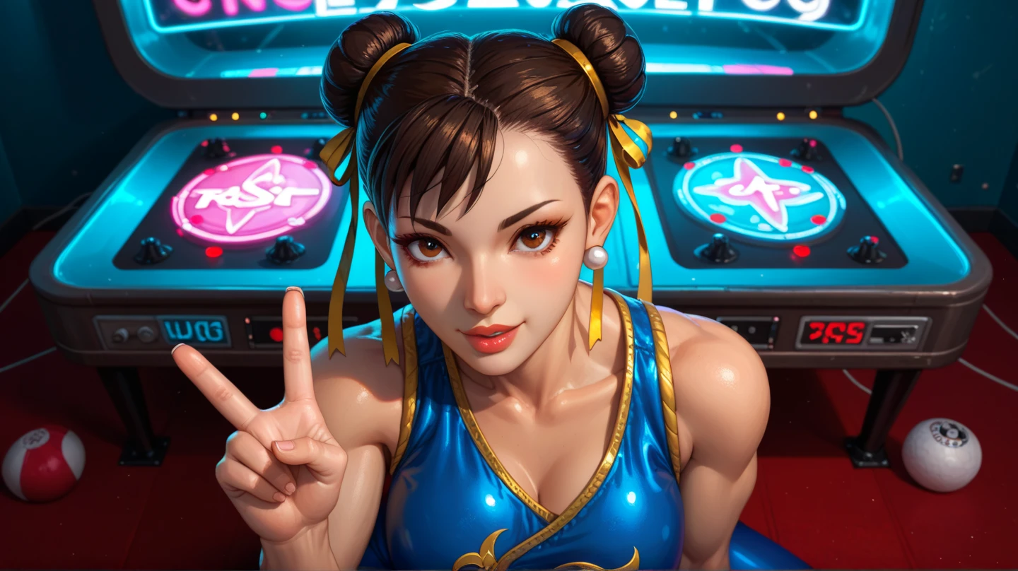 Transport yourself to a vibrant arcade games center where the energy of excitement and nostalgia fills the air. Imagine a beautiful girl in the midst of this lively scene, surrounded by flashing lights, colorful cabinets, and the joyous sounds of gaming. Capture her infectious smile and radiant enthusiasm as she immerses herself in the thrill of arcade games.ray trace, (brightening light:1.2), (Increase quality:1.4), (best quality real texture skin:1.4), finely detailed eyes, finely detailed face, finely quality eyes, (tired and sleepy and satisfied:0.0), beautiful clothes, (Increase body line mood:1.1), (Increase skin texture beauty:1.1) (full-body)