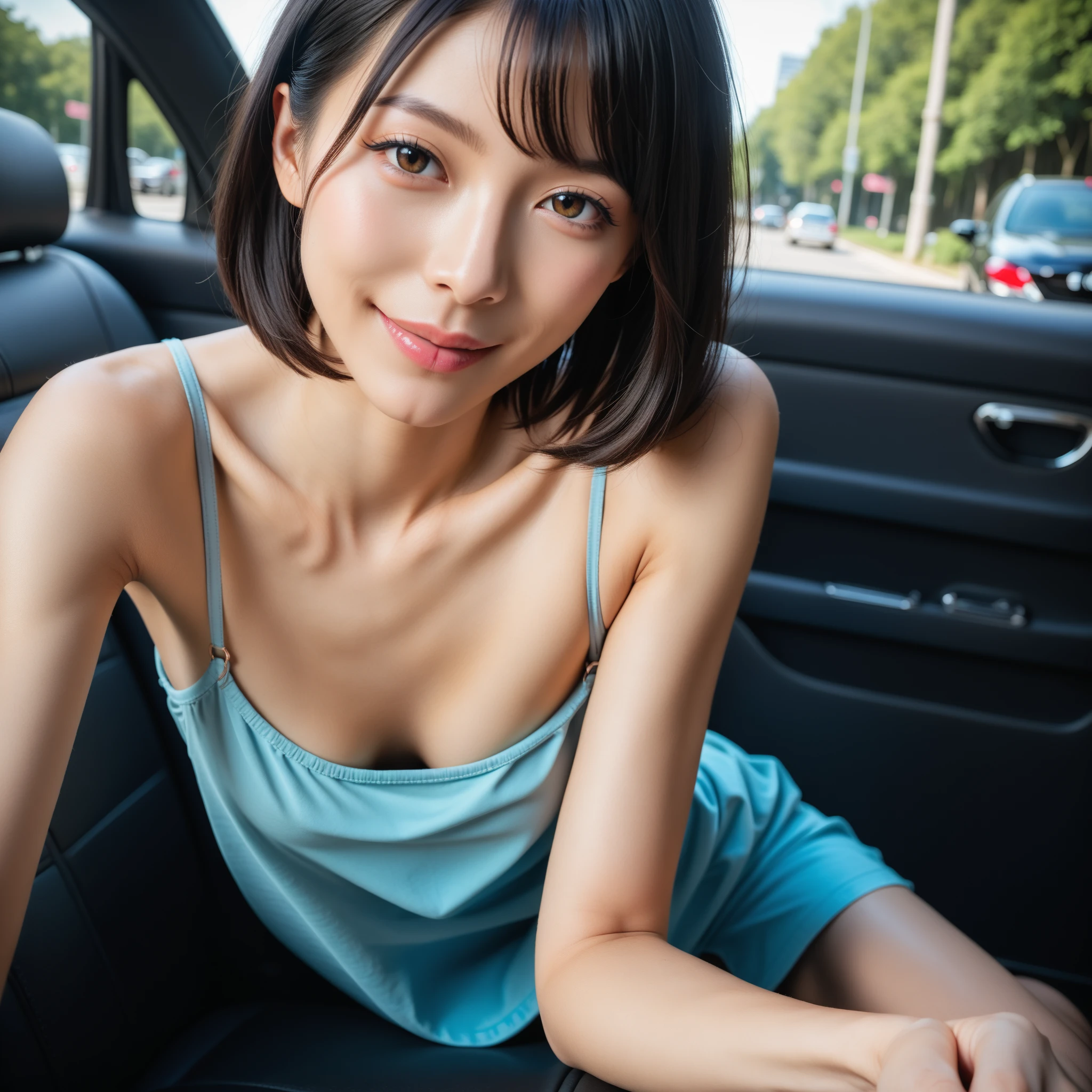 In the car、sexy pose、a smile、short-hair、One lady、The bikini、(masterpiece、top-quality)、crisp image、kawaii、a picture、((20 year old woman:1.ung adorable Japan face、dewy skin、8K