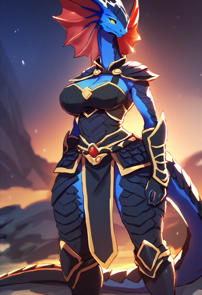 masterpiece, top quality, best quality, highly detailed, 8k, super high resolution, absurdres, perfect anatomy, three-quarter view, solo focus, looking at viewer, (((female anthro lioness))), (adult), ((detailed blue eyes)), red hair, ((short hairstyle)), (hourglass figure, large breasts, wide hips, bare thighs), ((white and blue armor, shimmering blue dress, shimmering white leg armor, white gauntlets)), ((nighttime, cinematic lighting, grassy hill, ancient ruins))