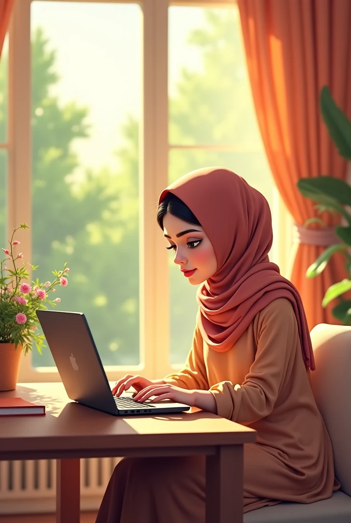 Hijabi girl working on computer

