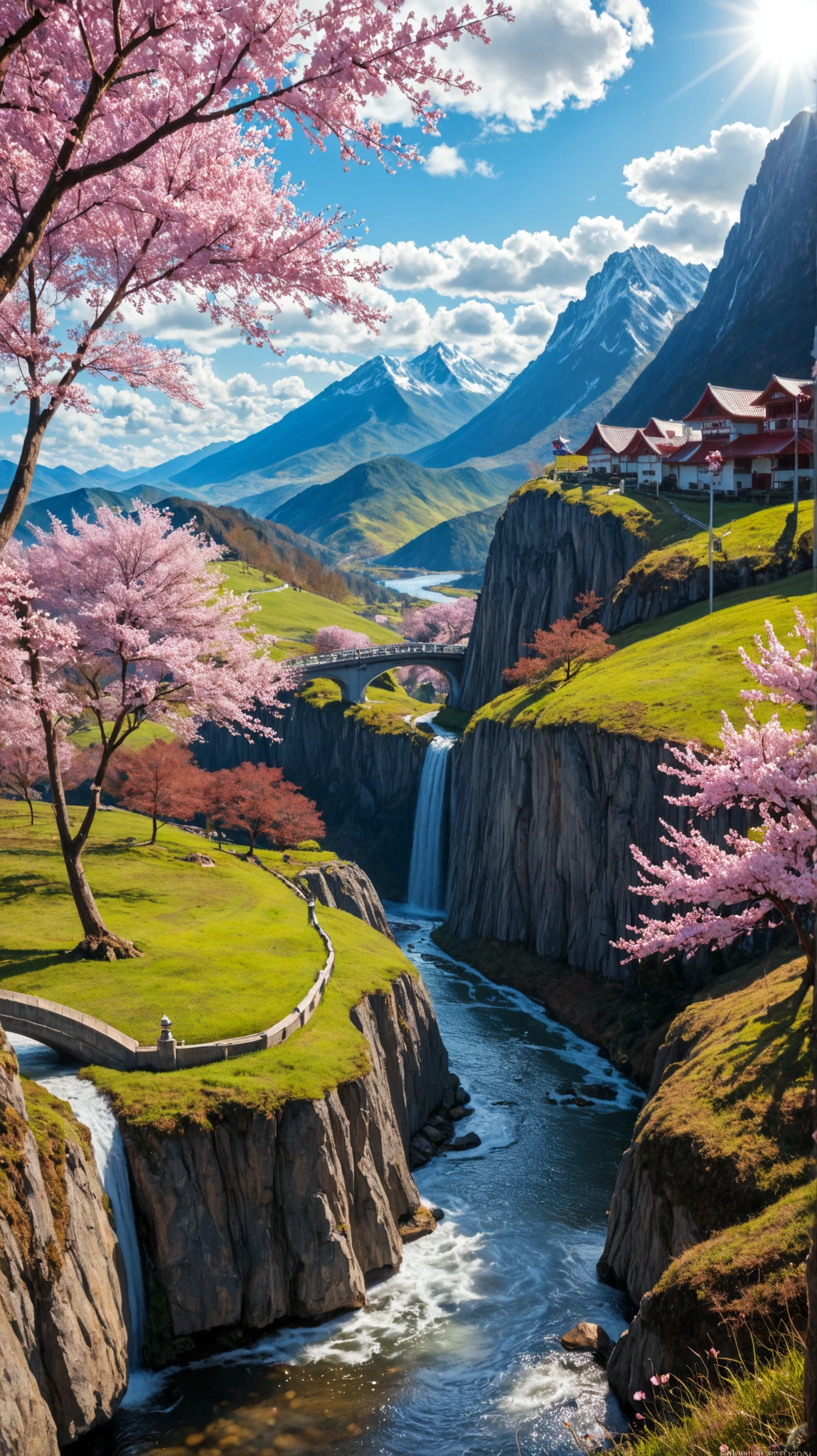 Landscape image with vivid beautiful flowers blooming all over, realistic, top quality, masterpiece, 8k, commercial, landscape, mystery, spring landscape, landscape style, Ghibli style, starting from spring mountains and cherry blossoms, to clear stream and waterfall, cherry trees, vivid fresh green, clear spring stream, bridge blending into nature, bridge over river and valley, Japan scenery, sunlight shining through the clouds, Kakunodate samurai residence