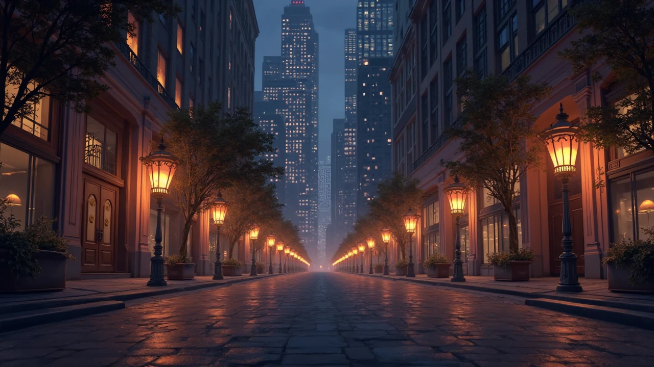 "Generate an image of a city street at night lined with glowing ...