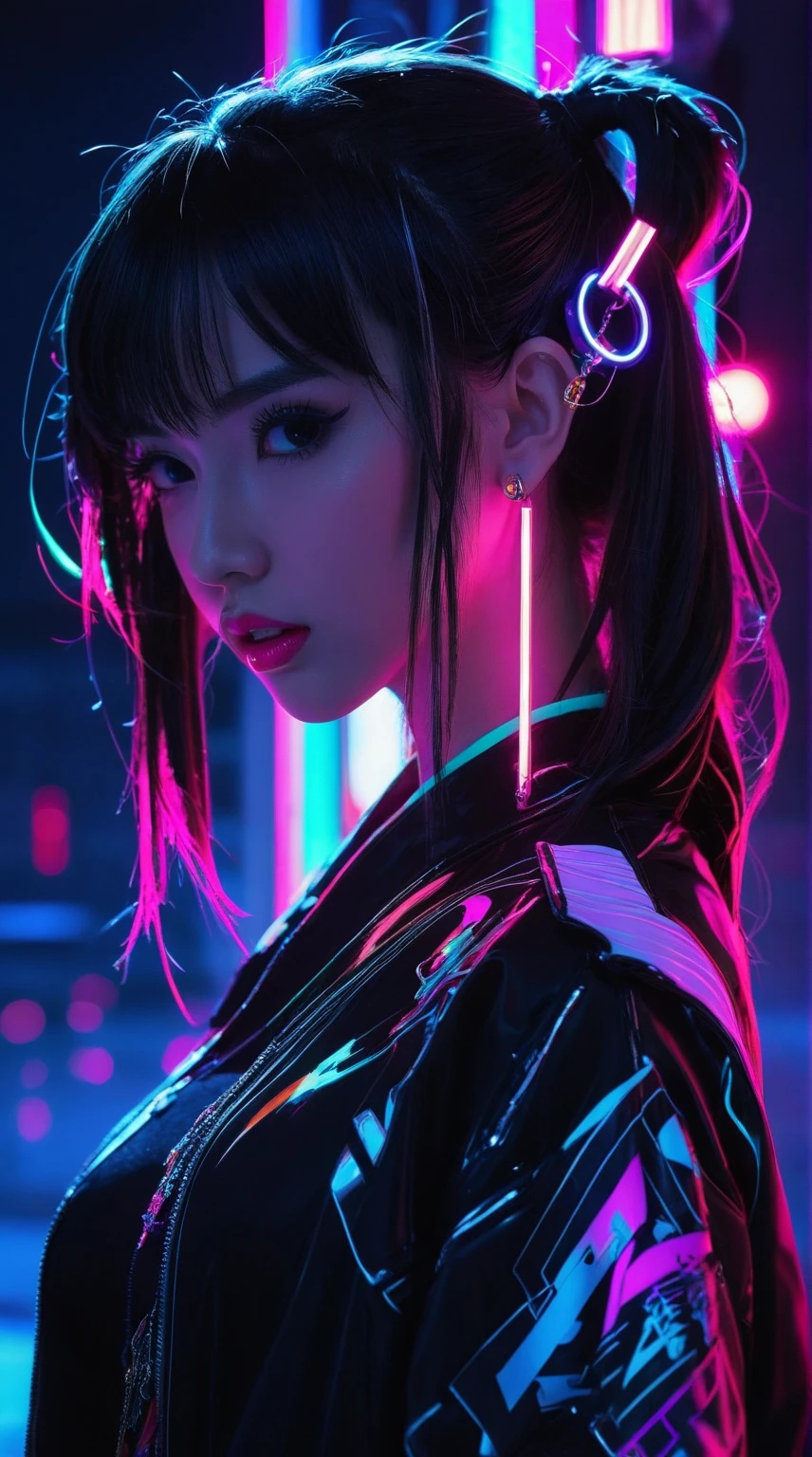 lucy\（cyperpunk\）， 1 Chinese girl， Hair tightening， Ji scissors， silverhair， Colored tip， moon full， Gray eye， jackets， shortsleeves， looking at the spectator， Medium hair， O cabelo multicolorido， Parted bangs， Parting lips， red hair， Whole human body， Red eyeliner， red-lips，Medium perfect breasts，独奏， Green jacket， cyperpunk\（series\）， Cyberpunk city on a rainy night with glowing neon lights，8K，
