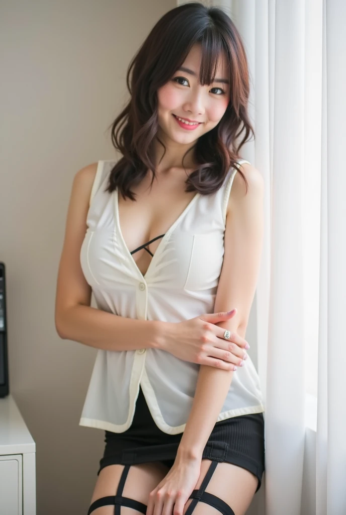((Highest quality, 8k, masterpiece: 1.3)), 1 Female, The beauty of slim abs: 1.3, (Hairstyle Casual, Big ample breasts: 1.2), Wet Skin, Ultra-fine face, Detailed eyes, double eyelid, smile, Formal shirt, Exposing cleavage, gigantic breasts: 1.3, cleavage: 1.3, Armpits,Leaning,forward, Black Hair,Tight bare legs, Full body description,White skin,mini skirt: 1.3,Girl with perfect body,Long Hair,Inside the room,Wet Skin