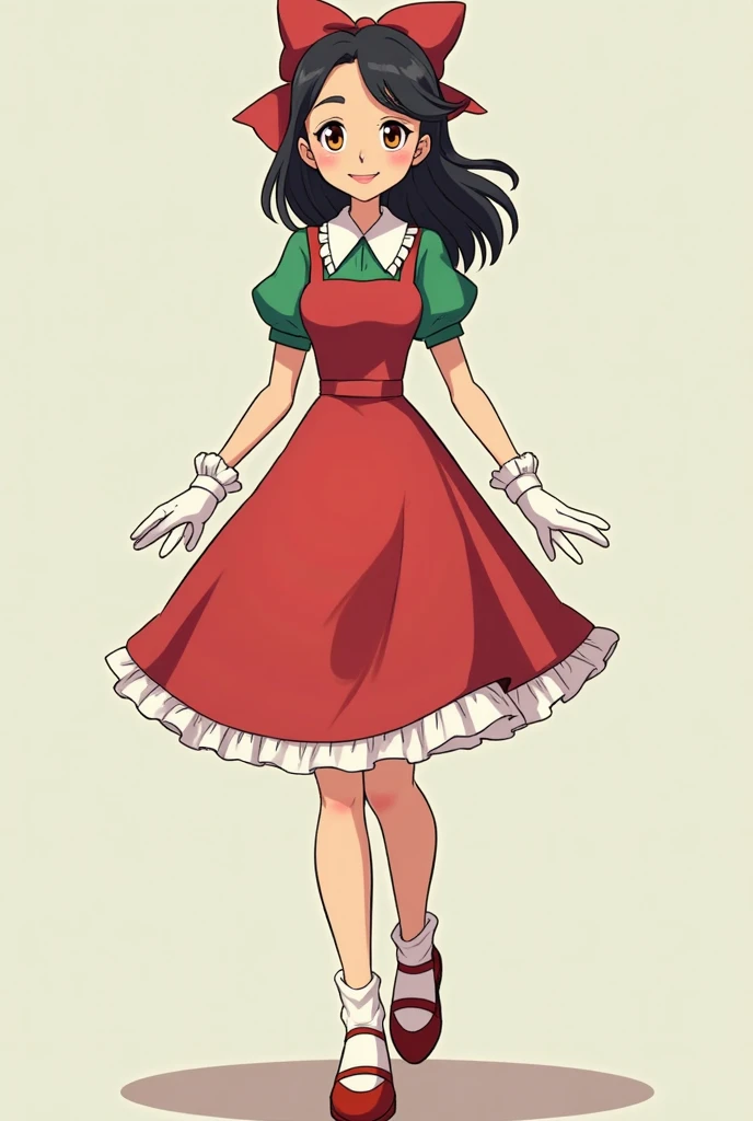I want a picture of a  in a cartoon wearing a red dress on the front and the back is green wearing white gloves on her hands and white shorts under the dress with her two hands in the middle and walking around