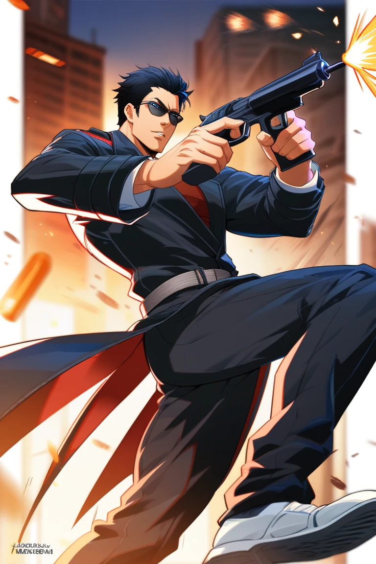 anime,  Motion Blur, Physics-Based Rendering, Slow Motion,  masculine man, towering height , strong manly muscle ,long muscular legs ,  tight-fitting yakuza style, open black trench coat, very tight, double hand guns , short black hair , combed back hair , Red eyes , sunglasses , 24 years old, Dynamic Pose, Firing bullet, Agile Movement, Focus Expression, Focus, Blurry Background, GTA-style gang warfare, Los Santos street setting, 