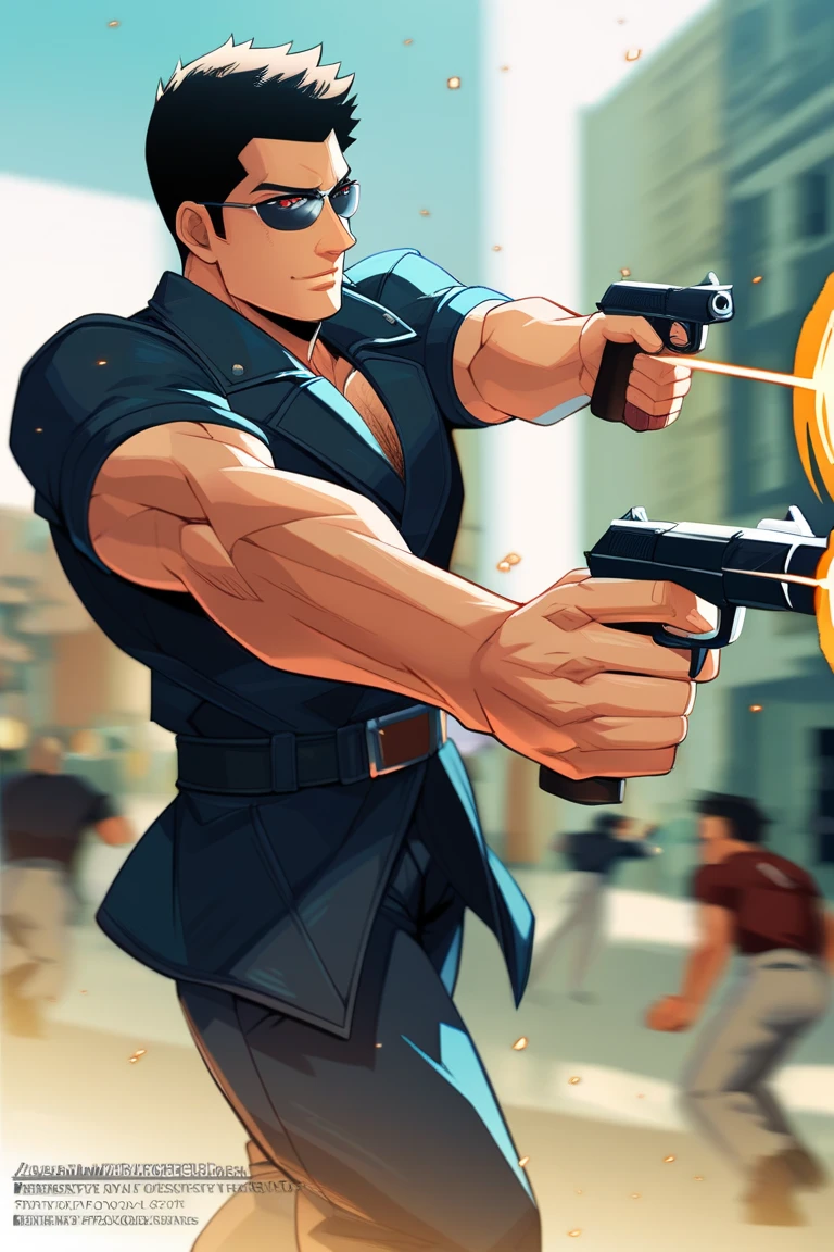 anime,  Motion Blur, Physics-Based Rendering, Slow Motion,  masculine man, towering height , strong manly muscle ,long muscular legs ,  tight-fitting yakuza style, open black trench coat, very tight, double hand guns , short black hair , combed back hair , Red eyes , sunglasses , 24 years old, Dynamic Pose, Firing bullet, Agile Movement, Focus Expression, Focus, Blurry Background, GTA-style gang warfare, Los Santos street setting, 