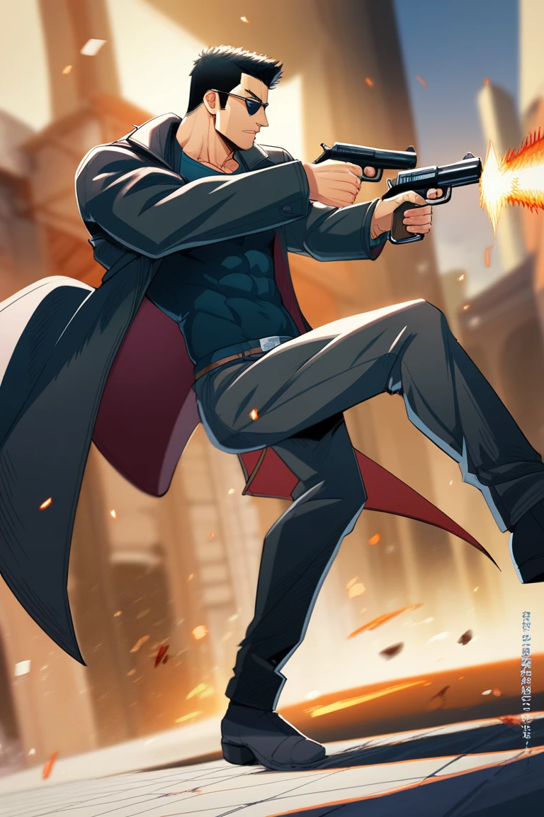 anime,  Motion Blur, Physics-Based Rendering, Slow Motion,  masculine man, towering height , strong manly muscle ,long muscular legs ,  tight-fitting yakuza style, open black trench coat, very tight, double hand guns , short black hair , combed back hair , Red eyes , sunglasses , 24 years old, Dynamic Pose, Firing bullet, Agile Movement, Focus Expression, Focus, Blurry Background, GTA-style gang warfare, Los Santos street setting, 