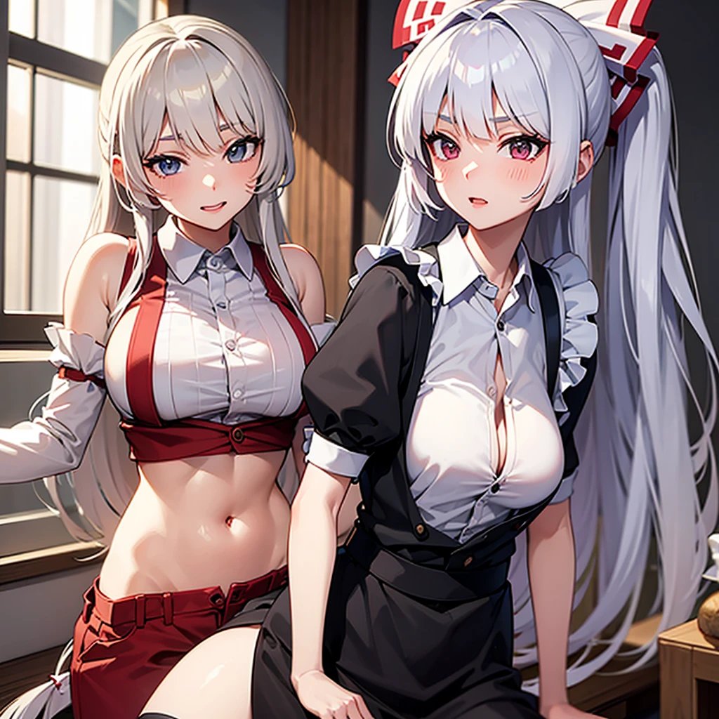 tmasterpiece, Alone, rosto magro, Long eyelashes, elongated, (high ponytails: 1.3), (red eyes: 1.Ink hair and white net: 1.2), Cleavage is large, Slim, Viewed from the side at an angle, , tartan plaid skirt, full bodyesbian, Light blue lace light-colored underwear, , Hand skirt, Embarrassing, crotch
