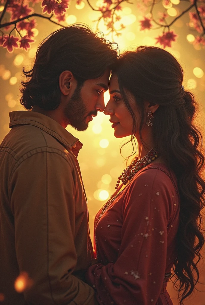 cute couples in Indian outfits ultra realistic blue rey sunset background nature scape --auto --s2