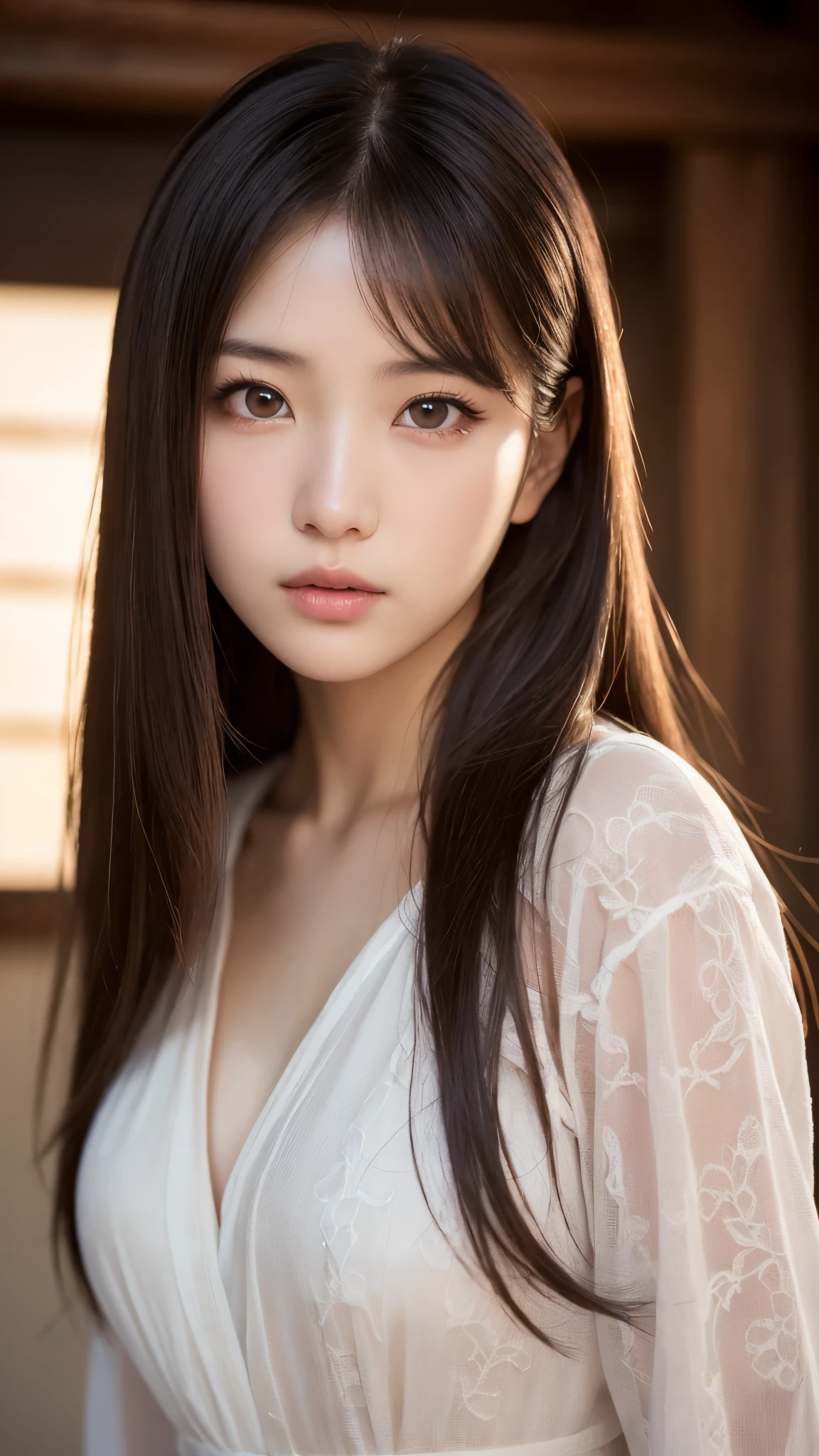 Japanese、Black Hair、Beautiful woman、Very large breasts、Resolve、A look of determination、Details of the skin、Dim lighting、looking at viewe、ghost、Apparition、Suspicious world、There's a monster behind