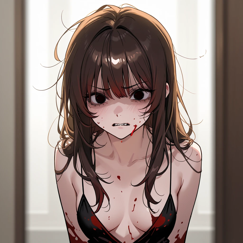 masterpiece, best quality, highres, aoki1, brown eyes, freckles, bra, thong, indoors, evil smile, bloody, (((blood on face, dominant mistress)))