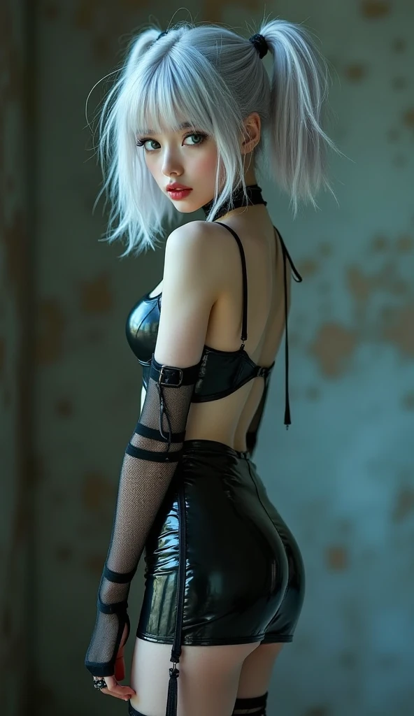 8k, masterpiece, RAW photo, best quality, photorealistic, extremely detailed CG unity 8k wallpaper, Depth of field, Cinematic Light, Lens Flare, Ray tracing, (extremely beautiful face, beautiful lips, beautiful eyes), intricate detail face, ((ultra detailed skin)) 1girl,
pretty girl, (very slim slender fit-muscled body:1.3), (big smile:1.3), clear eyes, walking , front shot, (pale skin), (big eyes), face forward,
(white hair:1.5), (looking at viewer:1.3), very slim, medium breasts, thick thighs,
(black diamond lace costume:1.5, black diamond tiny lace panties:1.5, black diamond lace stockings:1.5),
(Bright Blue Eyes:1.5),
cityscape, rooftop , sunny day, (back view:1.5),