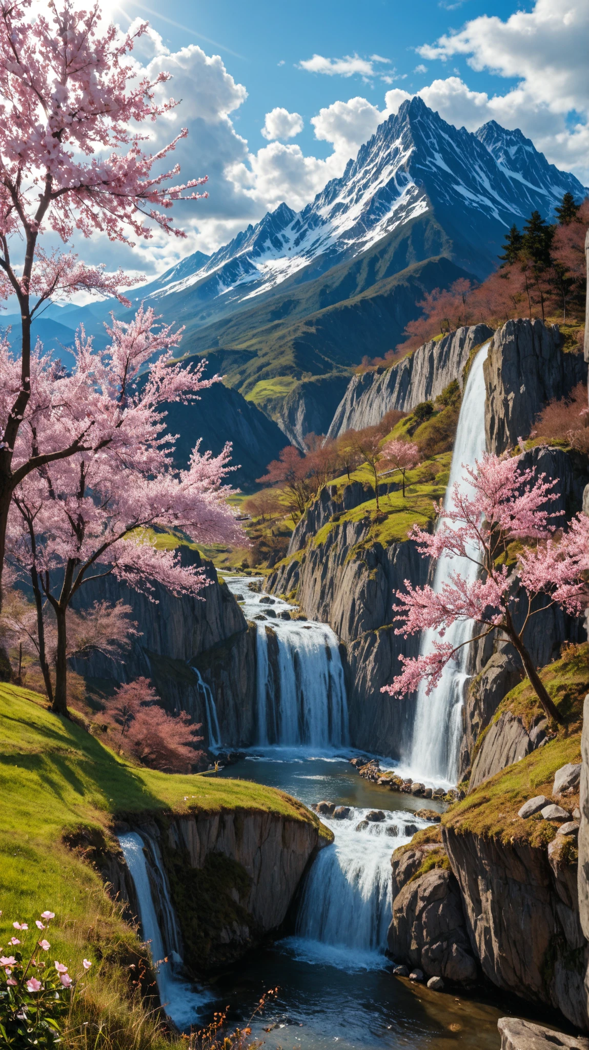Landscape image with vivid beautiful flowers blooming all over, realistic, top quality, masterpiece, 8k, commercial, landscape, mystery, spring landscape, landscape style, Ghibli style, starting from spring mountains and cherry blossoms, to clear stream and waterfall, cherry trees, vivid fresh green, clear spring stream, bridge blending into nature, bridge over river and valley, Japan scenery, sunlight shining through the clouds, Kakunodate samurai residence