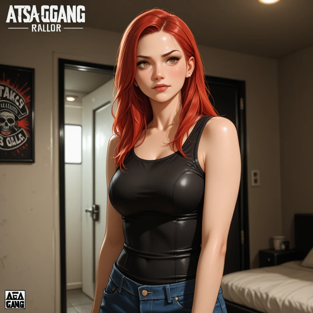Strong girl face up looking over shoulders, long red hair, White skin, whole body, Thickk thighs, medium breasts, big buttocks, detailed and defined eyes with eyeliner, Bikini, Thick, 3d rendering character art, 8k, 3D character art, Realistic character concept, Motor 3d irreal, detailed