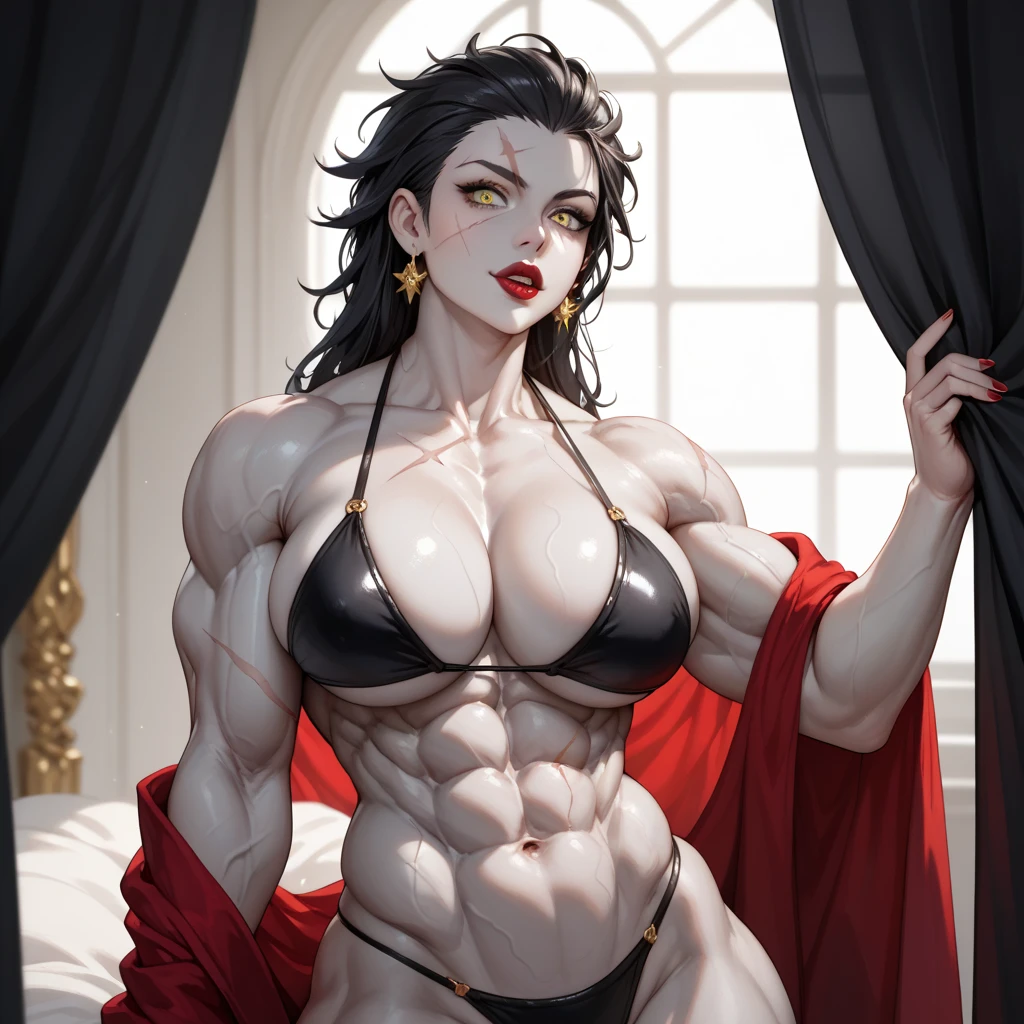 sexy vampirella in a deep V red swimsuit, salpicaduras de sangre, Cementerio nocturno, Bats, perfil, ((((Massive Female Bodybuilder)))), ((((Huge breasts)))), travieso, guarra, Manos perfectas, Manos detalladas, ojos perfectos, ojos detallados, flirty, sexy, travieso, Posando, Manos y brazos a los lados, tetas grandes y alegres, realista, HDR, UHD, dynamic under ++