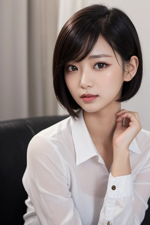 8k, Ultra-high resolution, Highest quality, masterpiece, 三分割法によるphotograph,Surreal, photograph, 1 Girl, (16 years old:1.3), pretty girl, Cute Face, Beautiful eyes in every detail, 細かくdetailedに,masterpiece,One Girl:1.2,Japanese female announcer,upper body,annoyed,Black short hair,Messy hair,White collared shirt,Pencil Skirt, Look forward, Standing posture, Opposition, Dynamic Lighting,Hotel room、 Sharp contours, Light from above, Low contrast, (Side view),Perfect and beautiful face ,完璧でCute Face, Skin with attention to detail, Perfect limbs、Narrow waist,Looking at the audience,(((Ideal body type))),A cup small breasts :2,Portraiture:2,Perfect Anatomy,鮮明なdetailed,detailed,Surreal,Light and shadow,darkness