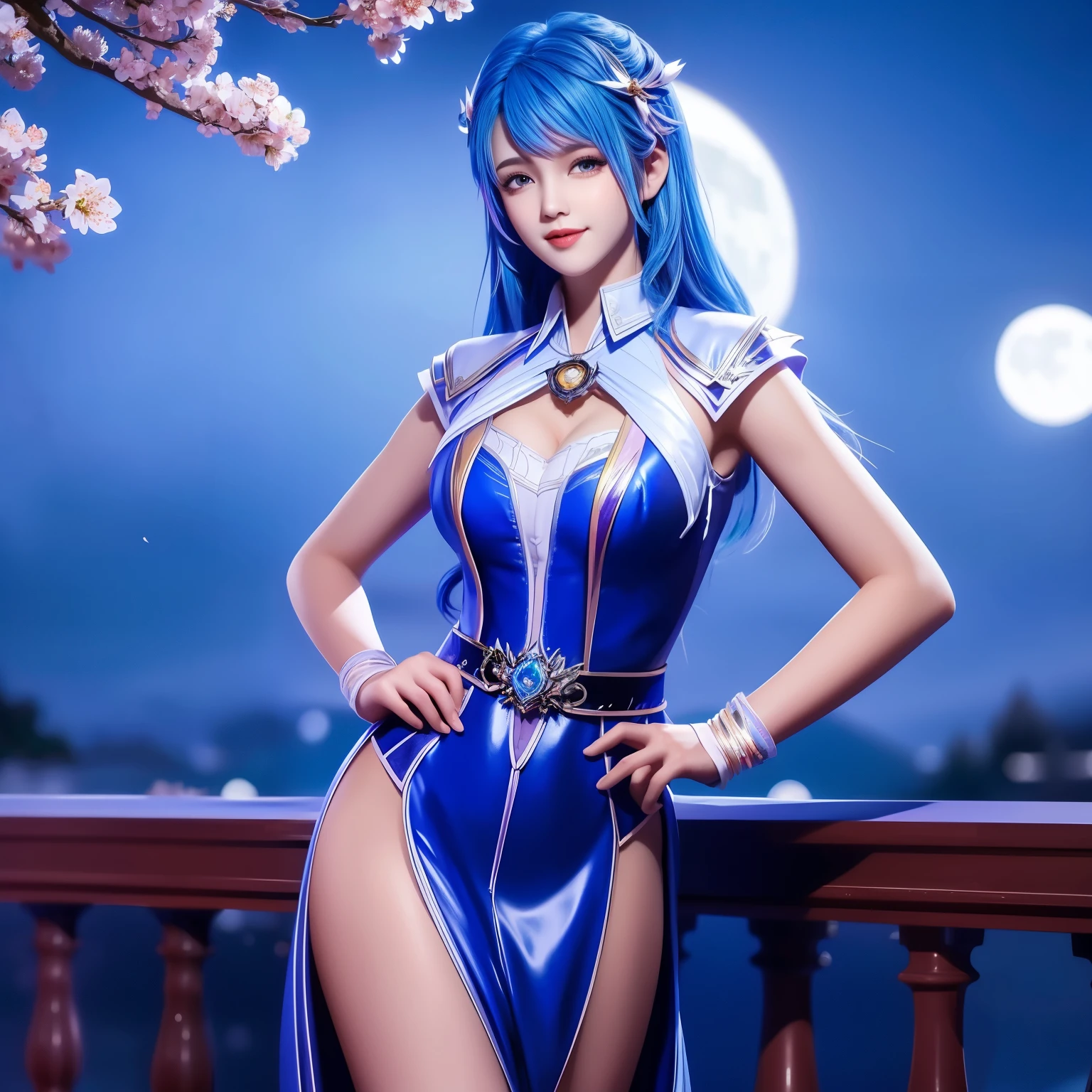  beautiful girl, Blue hair, Stripper, Stripper Dancer Dress,  at night, moonlit  at night, snowstorm, cherry blossom, big-breasted dress, cleavage, sexy, innocent smile, top view