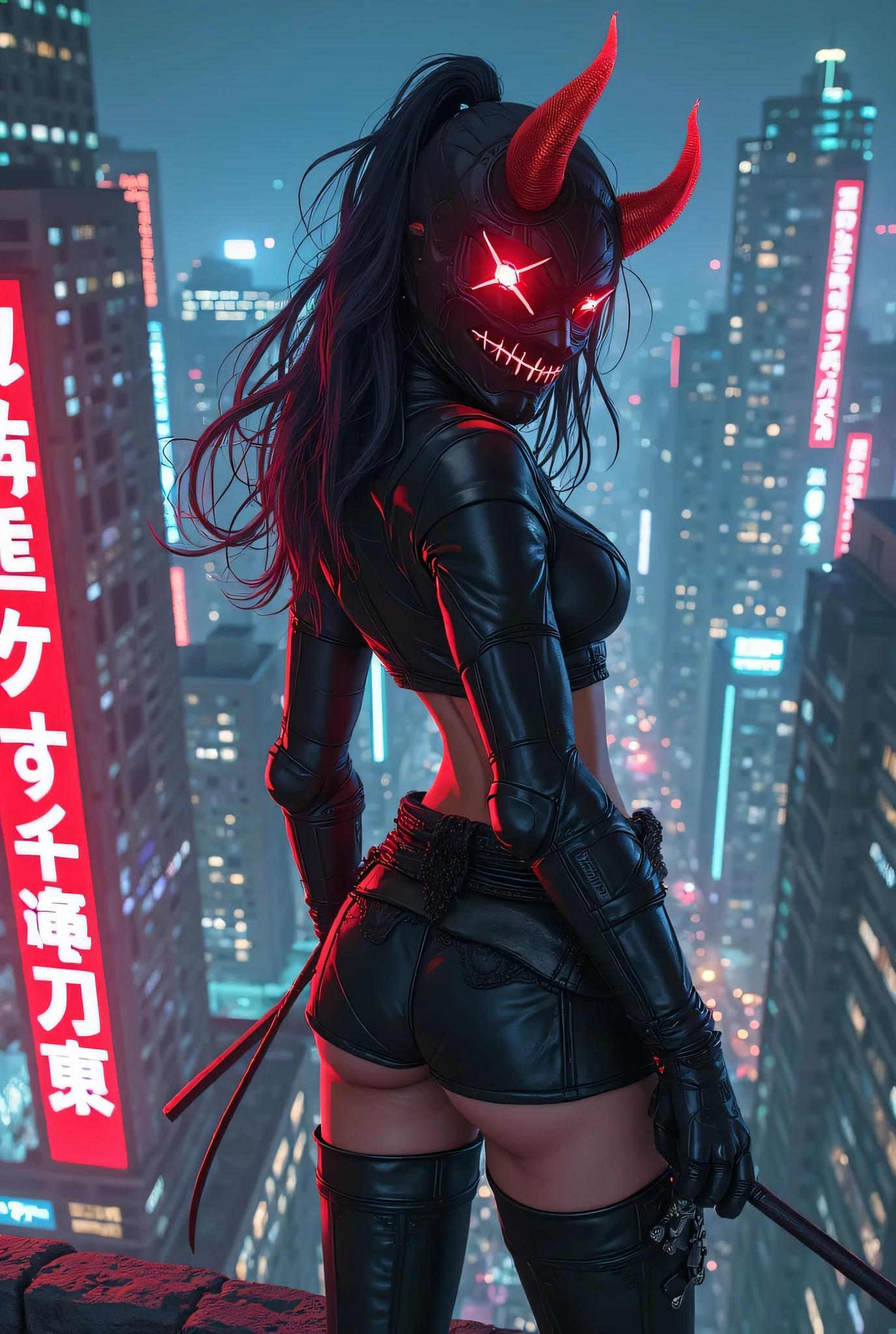 chica demonio espeluznante de piel roja y cuernos, Vestida con una cobarta y un elegante traje ejecutivo en una ciudad futurista, coche negro