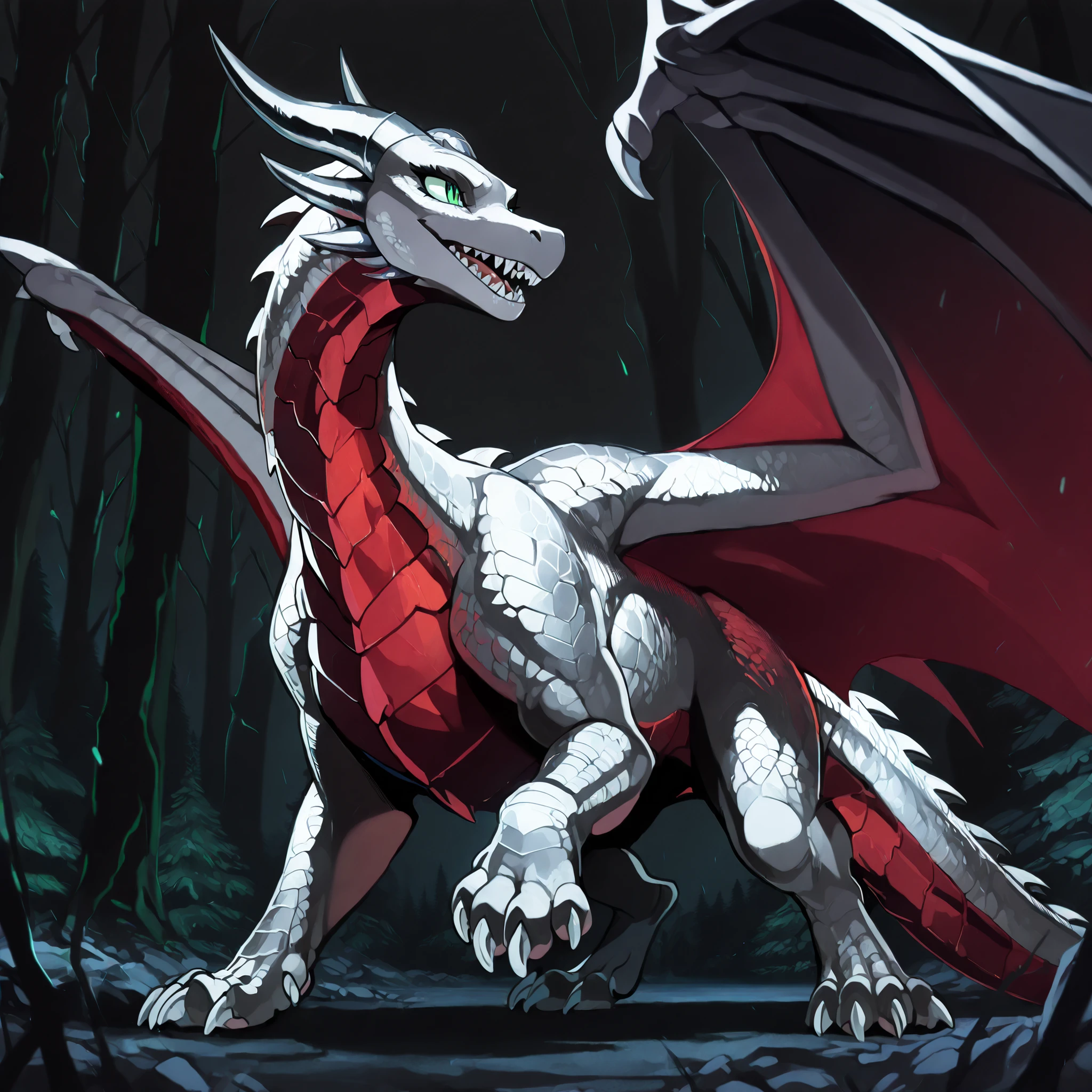 anime style, anime shading, clean lines, masterpiece, best quality, full body picture, centered, enderdragon, feral, dragon, female dragon, 1girl, long horns, wings, claws, tail, green eyes, perfect eyes, overlapping red chest scales, dark background, silver scales, silver horns, tall, sharp teeth, forest background